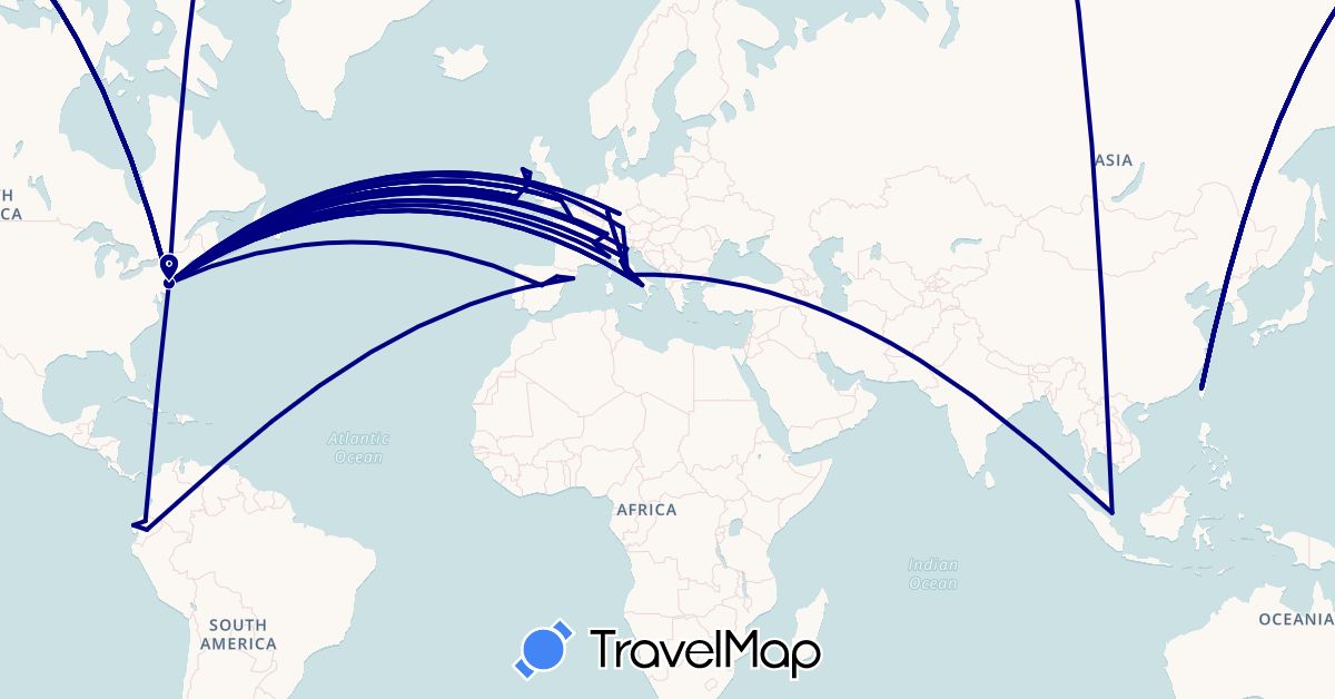 TravelMap itinerary: driving in Switzerland, Germany, Ecuador, Spain, France, United Kingdom, Ireland, Italy, Singapore, Taiwan, United States (Asia, Europe, North America, South America)